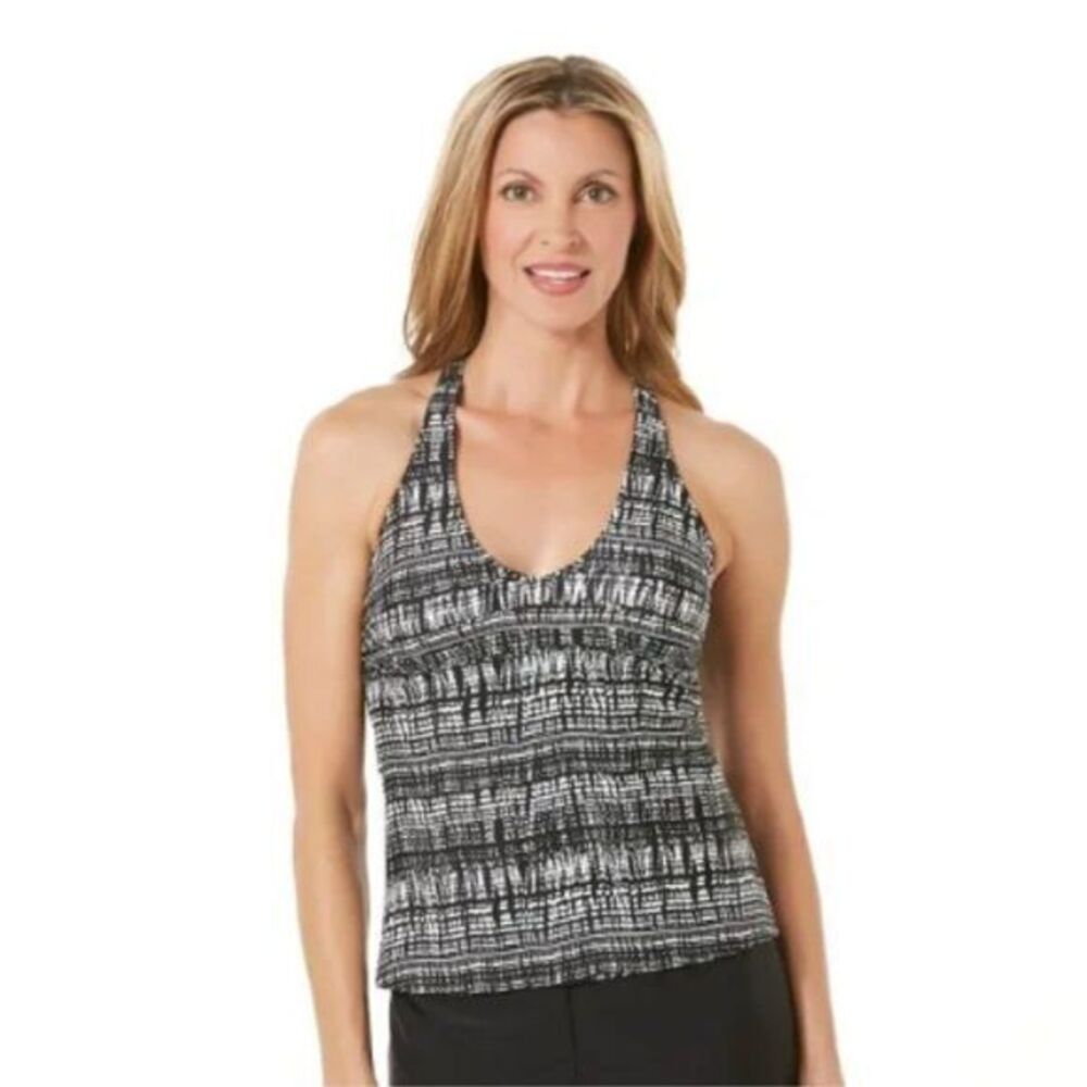 Jaclyn Smith Criss-Cross Racerback Swimsuit Top Black and White Size 8 NEW NWT
